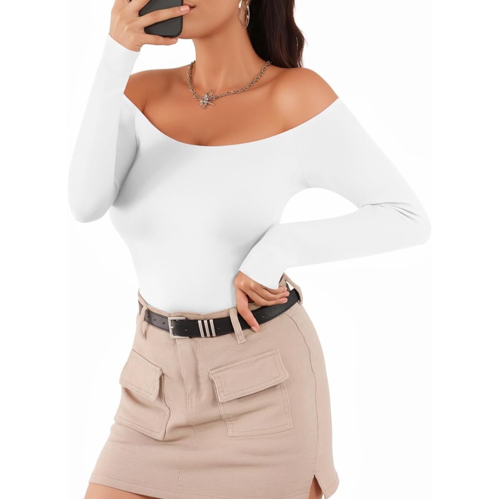MANGOPOP Off The Shoulder Long Sleeve Short Sleeve Bodysuit for Women
